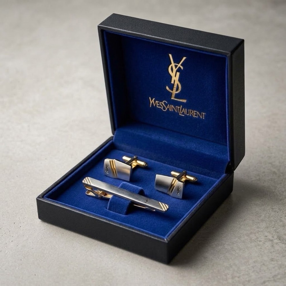 Yves Saint Laurent Vintage Two Tone Gold Silver YSL Logo Cufflinks Tie Bar Set
